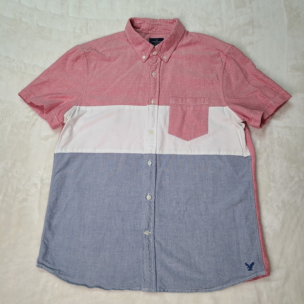 American Eagle Short Sleeve Button Down Shirt Colorblock Men's Large Classic Fit